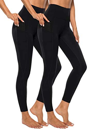 AOOM High Waist Yoga Pants Sets Tummy Control Workout Running 4 Way Stretch Out Pocket Yoga Leggings (Black+Black, X-Large)