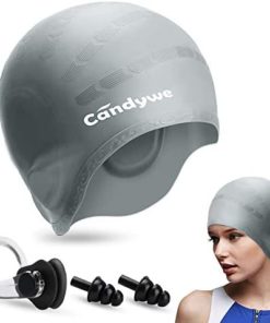 Candywe Swim Cap Cover Ears, Waterproof Silicone Bathing Swimming Cap,Swim Hat for Long Short Hair Women Men Kids Swimming Pool Caps with Nose Clip and Ear Plugs