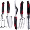 FANHAO Garden Tool Set, 5 Piece Aluminum Heavy Duty Gardening Gifts Tool Set with Non-Slip Rubber Grip for Men and Women (Black/Red)