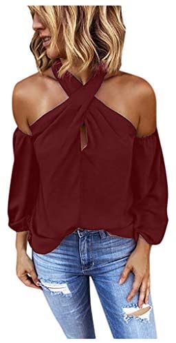 FEISI22 Womens Striped Off The Shoulder Tops 3 4 Flare Sleeve Tops Cold Shoulder Bell Sleeve Shirt Casual Blouses Tops