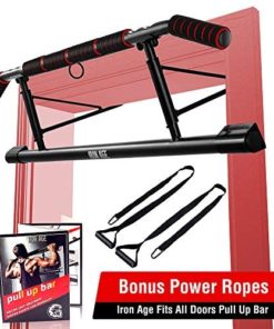 IRON AGE Pull Up Bar for Doorway - Angled Grip Home Gym Exercise Equipment - Pullupbar with Shortened Upper Bar and Bonus Suspension Straps(Fits Almost All Doors)