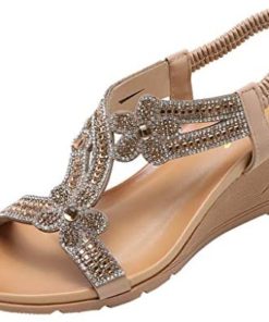 SONIGER ʕ•ᴥ•ʔWomens Roman Sandals Boho Glitter Diamond Wedges Shoes Open Toe Chunky Loop Platform Beach Slippers
